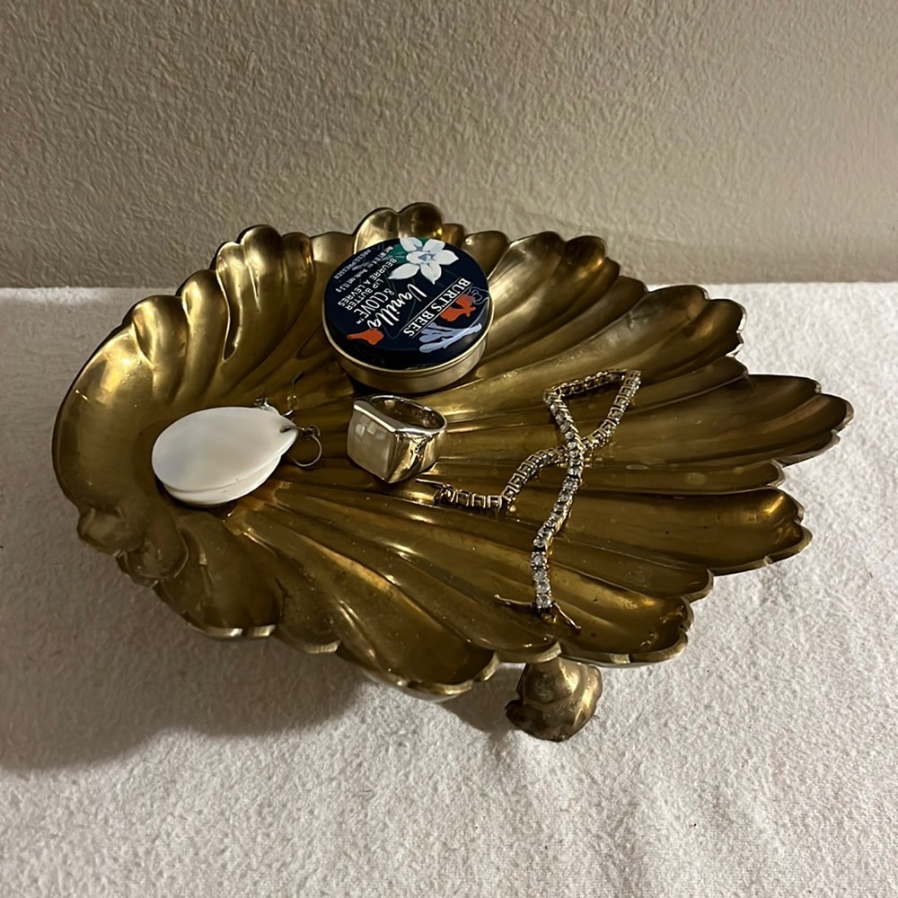 Vintage Solid Brass Footed Shell Shaped Trinket Dish